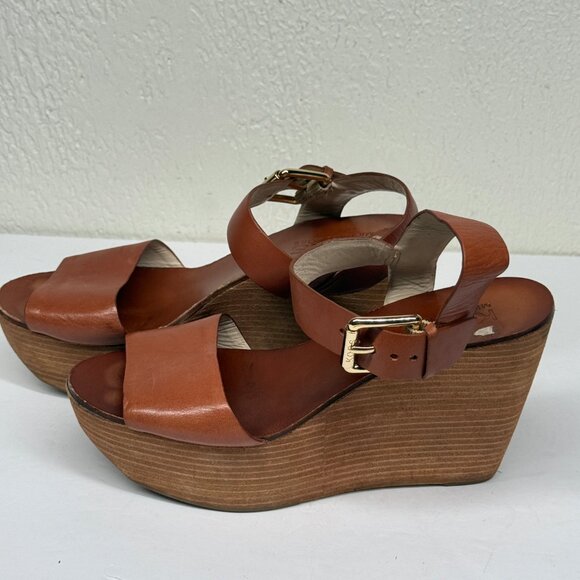 Michael Kors Xaria Wedges Cognac Brown Leather Buckle Open Toe Size 7.5 - Picture 4 of 8